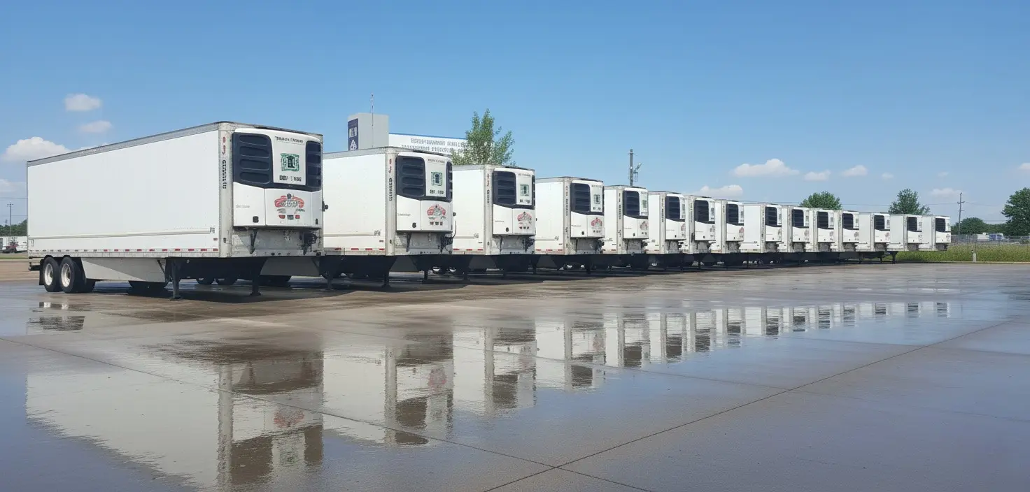 Fleet of white refrigerated trucks lined up at Indo Canadian Carriers facility
