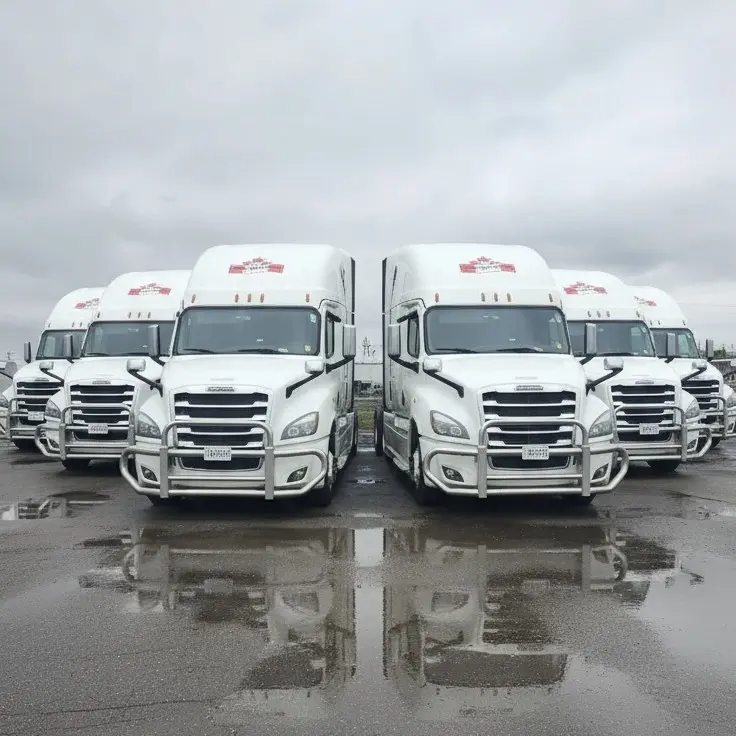 Professional white truck fleet parked at Indo Canadian Carriers facility